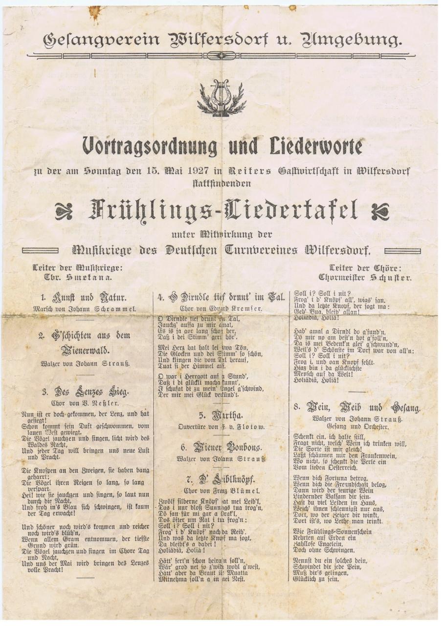"Liedertafel" Wilfersdorf und Umgebung, Vortragsordnung u. Liederworte, Frühling 1927
