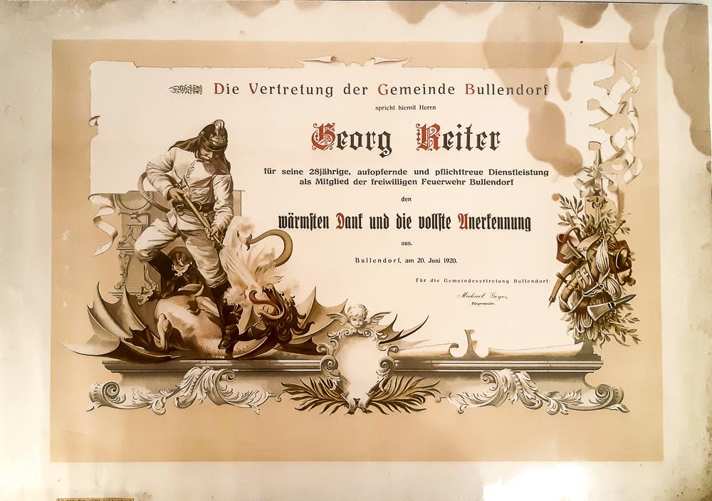 Ehrenurkunde der Freiwilligen Feuerwehr Bullendorf, ausgestellt 1920