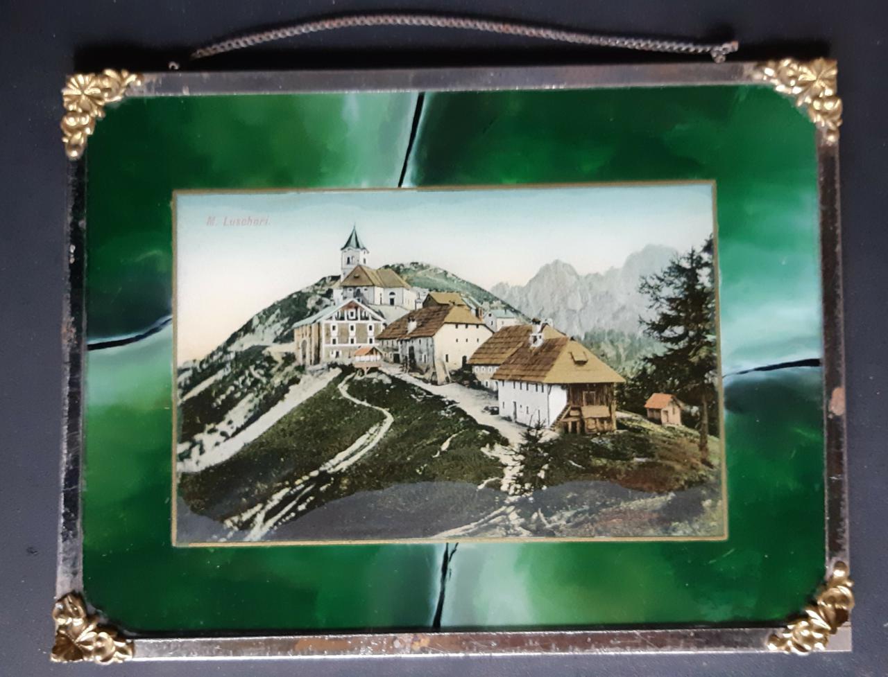 Wallfahrtsandenken/Hinterglasbild, gerahmte Ansichtskarte  "Maria Luschari", ca. um 1942