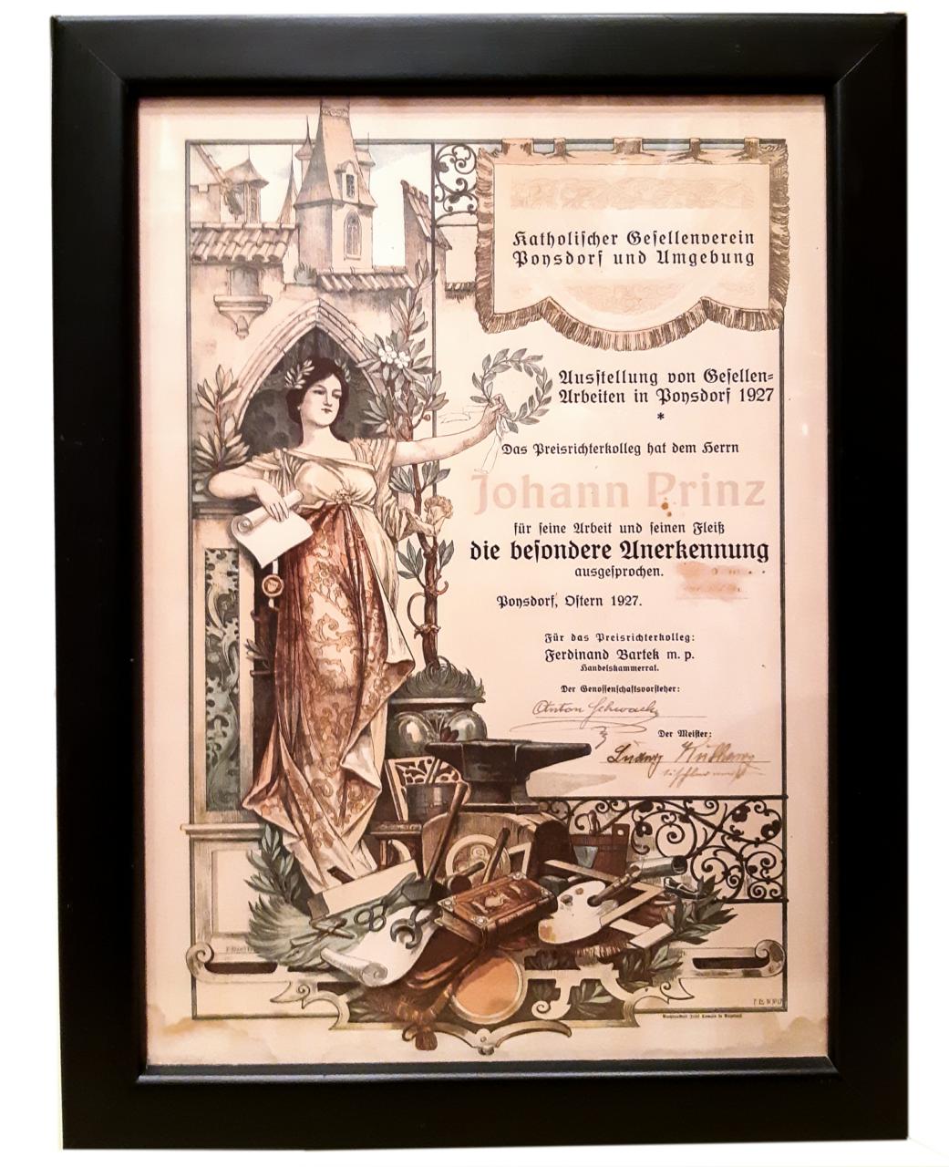 Urkunde des kath. Gesellenvereins Poysdorf und Umgebung 1927