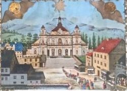 Druckgrafik/Wallfahrtsort mit Titel "Die Kapellenvorstellungen in Maria-Albendorf" in Polen