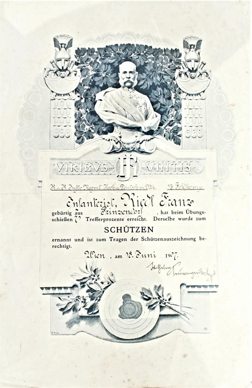 1 Urkunde „Ernennung zum Schützen“ Übungsschießen in Wien am 18. Juni 1907  