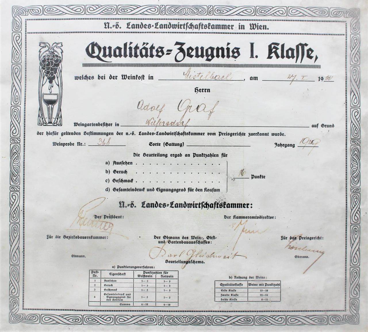 Wein- Qualitätszeugnis zur Weinkost in Mistelbach, am 27.I.1930 