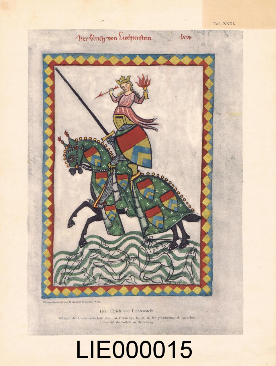Faksimile mit Darstellung von Herrn Ulrich von Liechtenstein (1200-1275) aus dem Codex Manesse